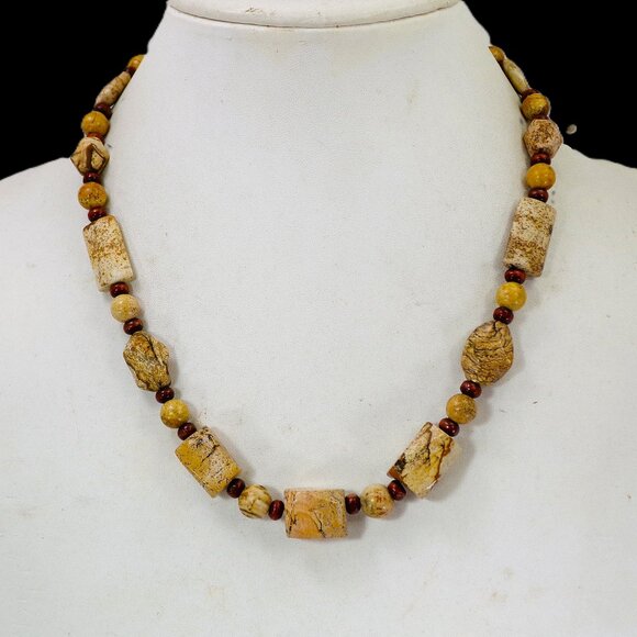 Brown and beige agate stone necklace mixed with small wood beads New - Picture 4 of 11